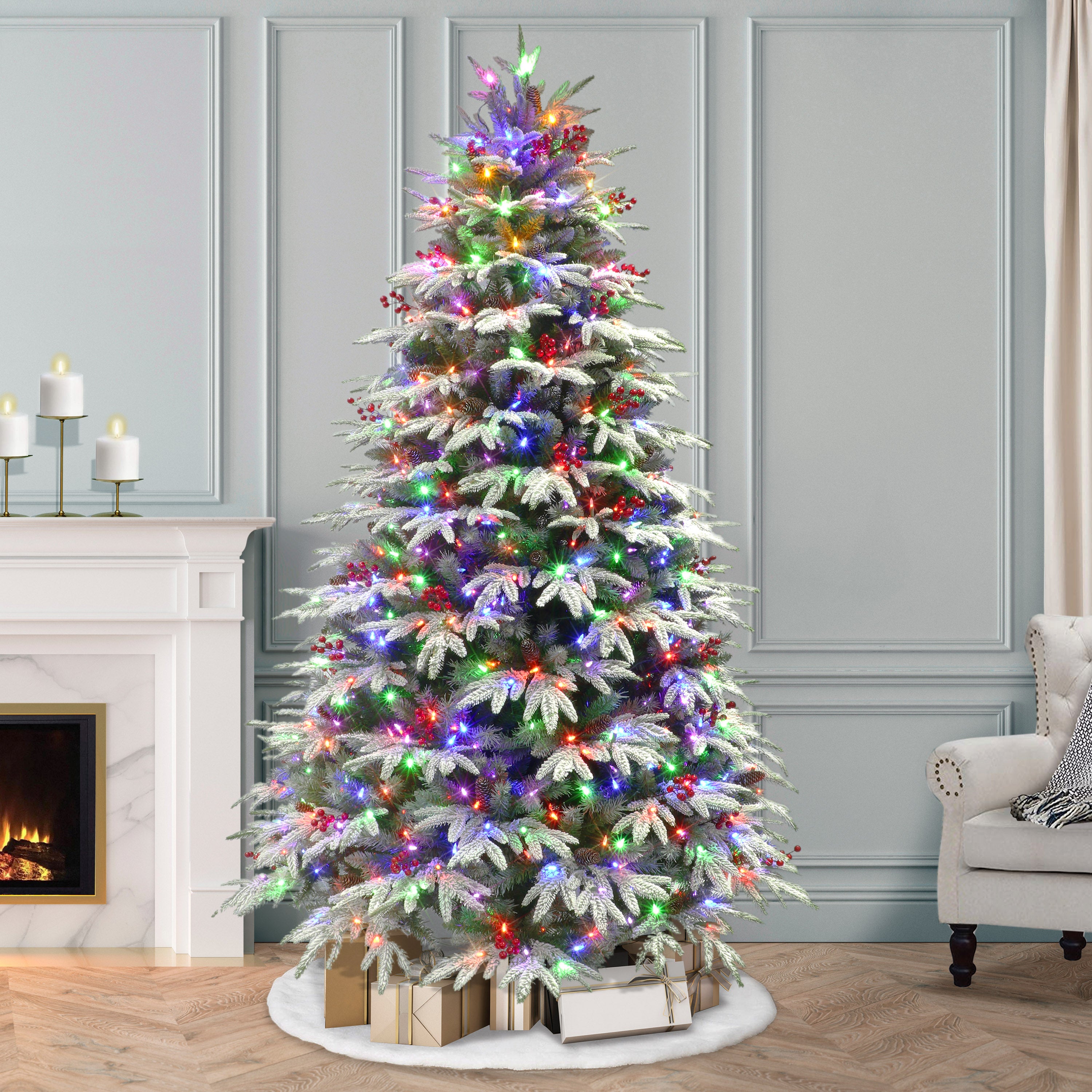 7.5ft Pre-lit Flocked Halifax Fir Christmas Tree 700 Dual Color LED Lights On/Off Foot Pedal Pinecones & Red Berries Metal Stand Green